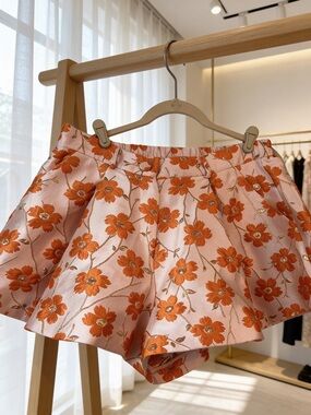 Pink Floral Embroidered Mini Skort with Orange Blossoms